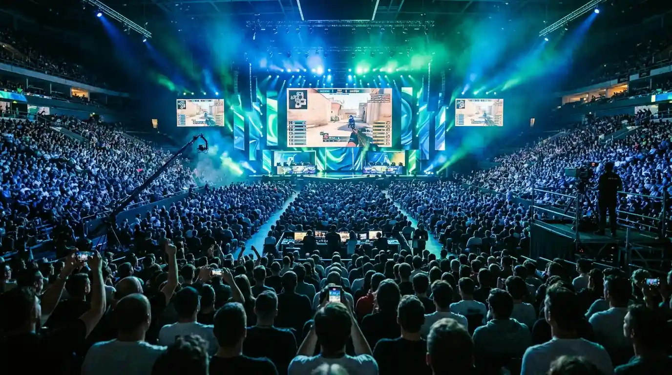 E-sportpublik som följer en CS2-match på storbildsskärm under ett live-evenemang