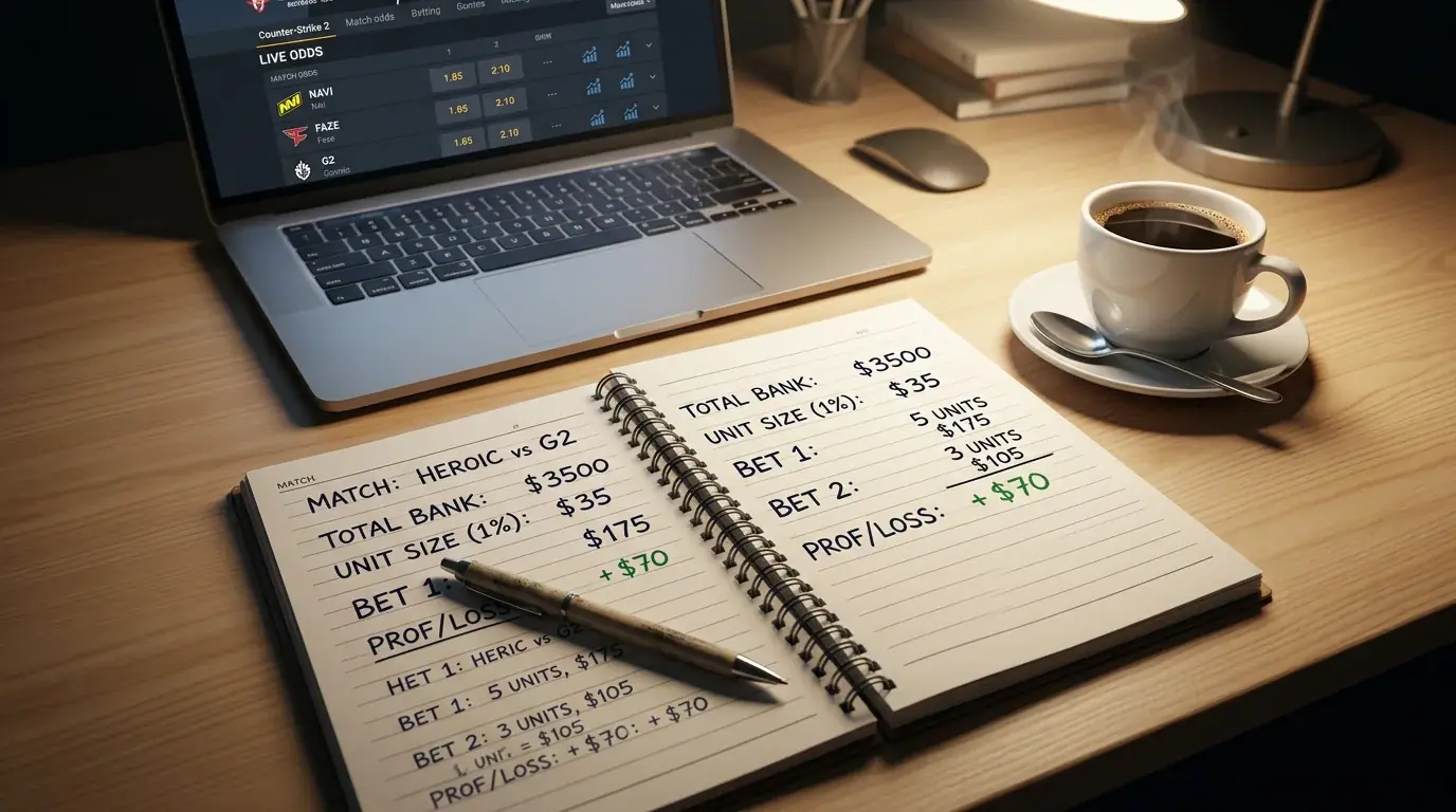 Anteckningsbok med insatsplan bredvid en datorskarm som visar CS2-odds