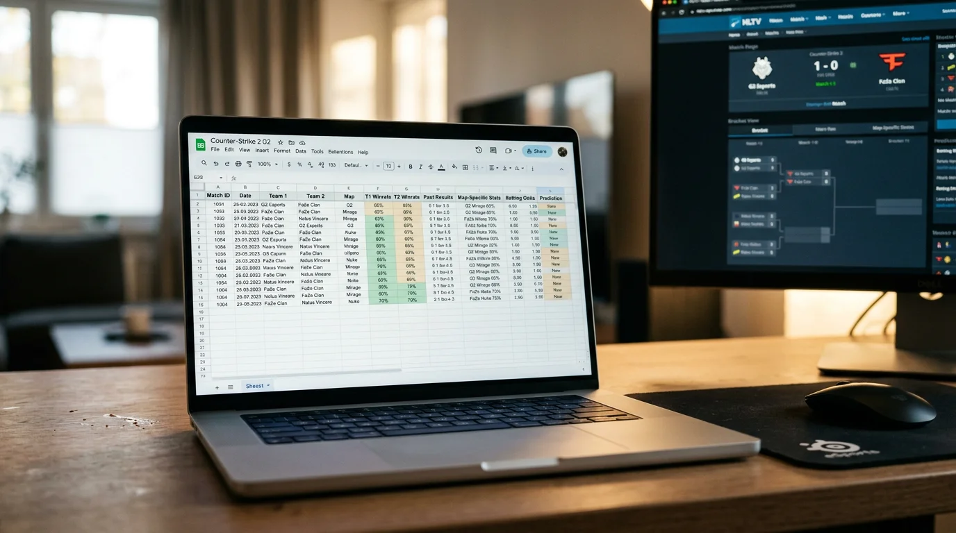Kalkylblad med CS2-matchdata och kartstatistik pa en laptopskarm