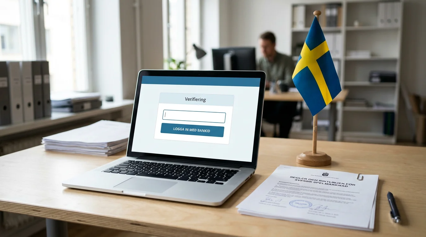Svensk flagga bredvid en datorskärm som visar en licensierad spelplattform med BankID-verifiering